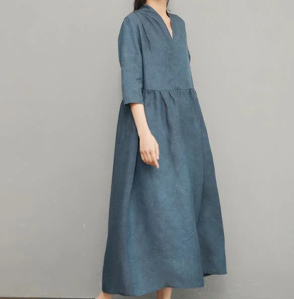 Blue Women Linen Silk Dresses Summer Dresses Women 3/4 Sleeve Dresses D9504 Color block unclassified dresses