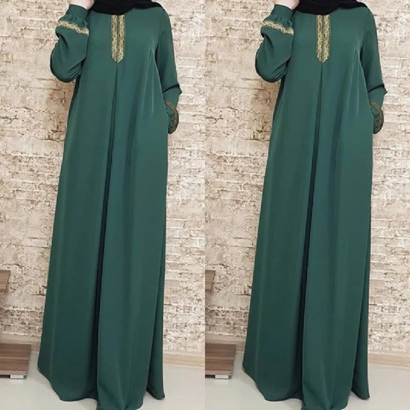 Women's Arabian Microfiber Full Sleeves Lace Pattern Casual Abaya Lace Dress Sparkle