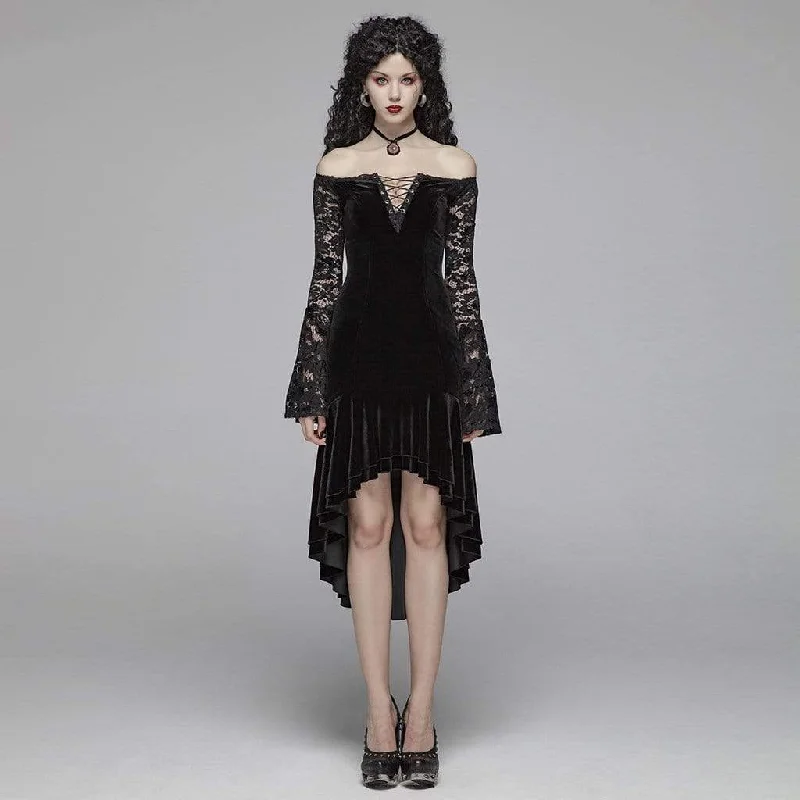 Women's Goth Off Shoulder High/Low Velet Dress With Lace Sleeves Lace Wedding Gown