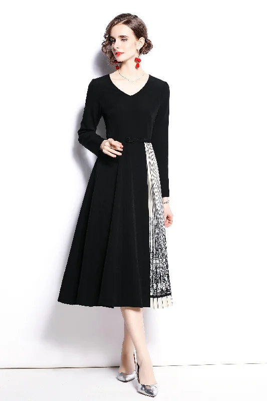 Black & White Office A-line V-neck Long Sleeve Below Knee Dress Skirt with Slits