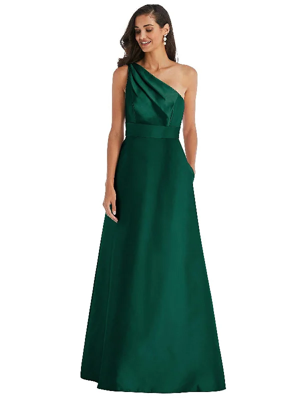 Draped One-Shoulder Satin Maxi Dress with Pockets Pleated A-line Skirt