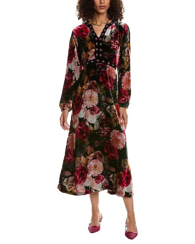 Johnny Was Rosa Velvet Front Notch Silk-Blend Maxi Dress Skater Maxi Skirt