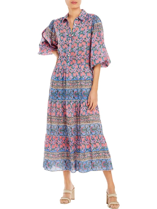 Maddy Womens Puff Sleeve Long Maxi Dress Printed Long Skirt