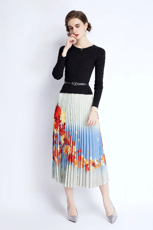 Multicolor Cocktail A-line Crewneck Long Sleeve Maxi Pleated Dress Elegant Long Skirt