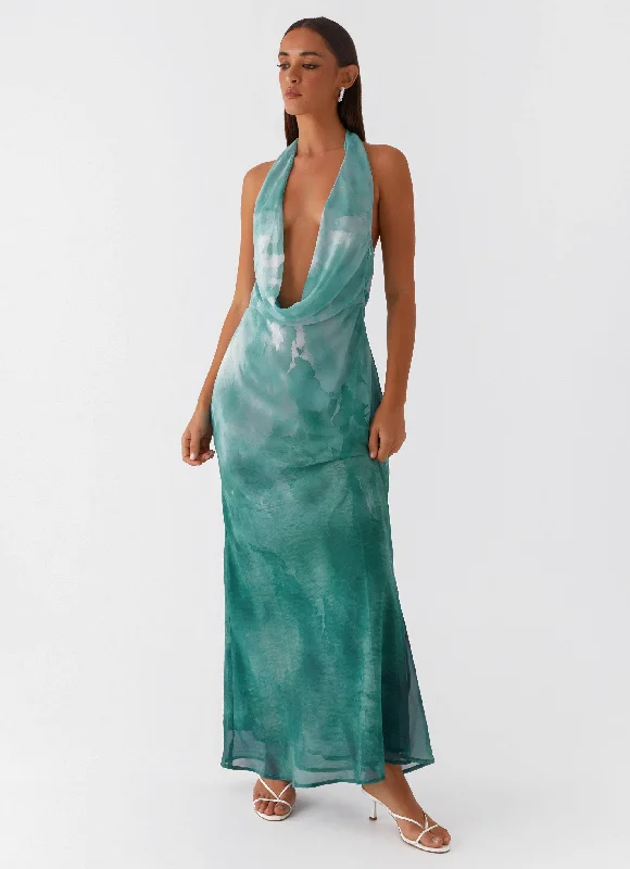 Nerissa Cowl Neck Maxi Dress - Green Tie Dye Maxi Skirt Outfit