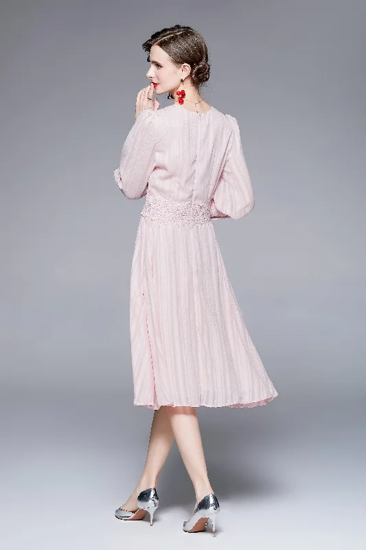 Pink Evening A-line Squareneck Long Sleeve Knee Buttoned Dress Maxi Skirt Casual