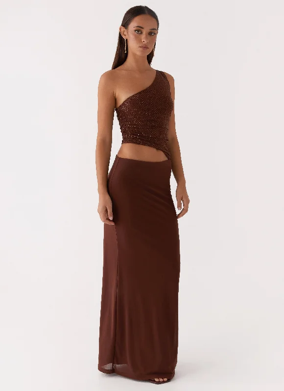 Seranella Sequin One Shoulder Maxi Dress - Chocolate Printed Maxi Skirt