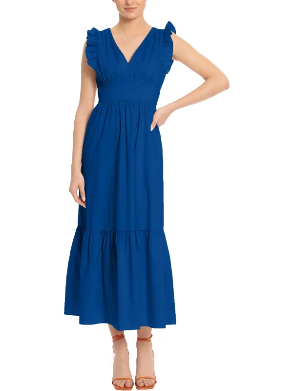 Womens Ruffle Sleeve Long Maxi Dress Silk Maxi Skirt