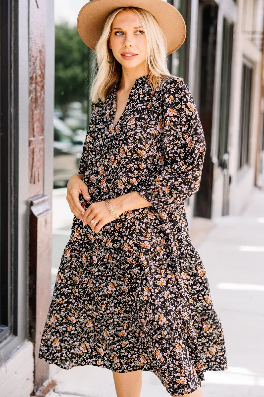 All Eyes On You Black Ditsy Floral Midi Dress Button Midi Skirt