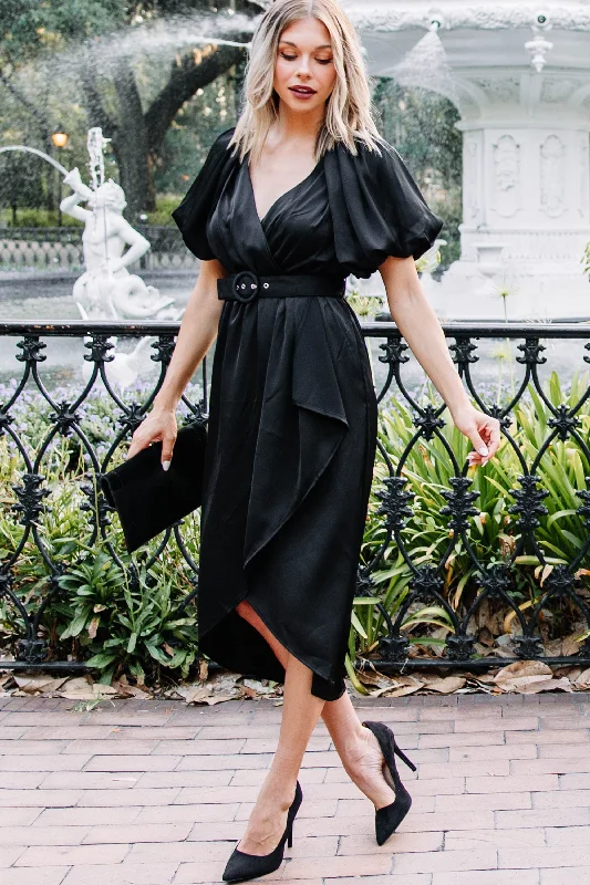 Get What You Want Black Satin Midi Dress Soft Wool Midi