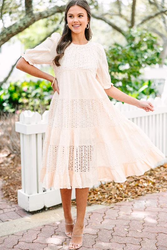 Making Moves Cream White Eyelet Midi Dress Pleated Floral Midi