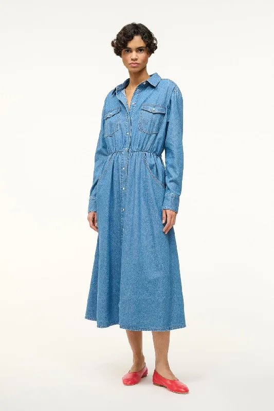 STAUD + WRANGLER THE MIDI SHIRT DRESS | MID BLUE Stylish Pleated Skirt