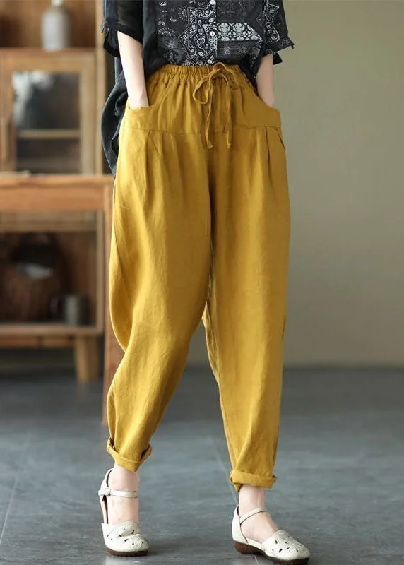 Casual Yellow Pockets Patchwork Elastic Waist Linen Pants Summer LY0584