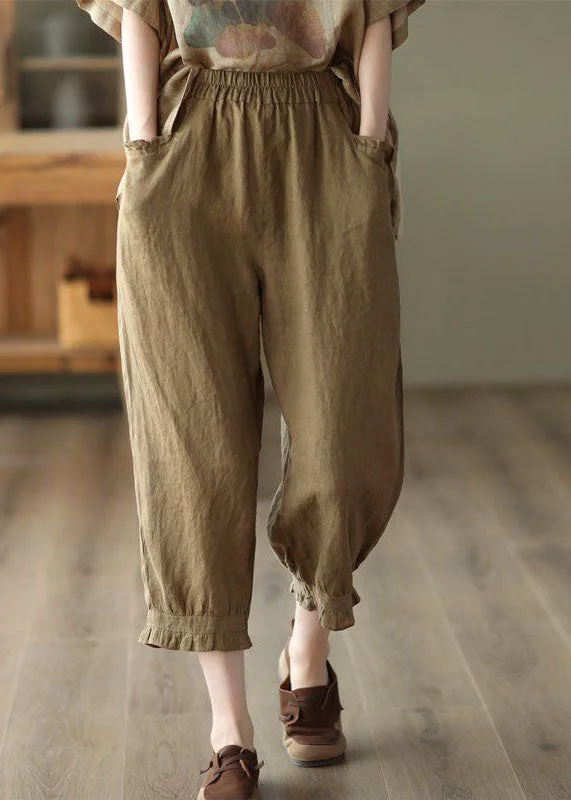 Coffee Pockets Patchwork Linen Crop Pants Cinched Summer LY0159