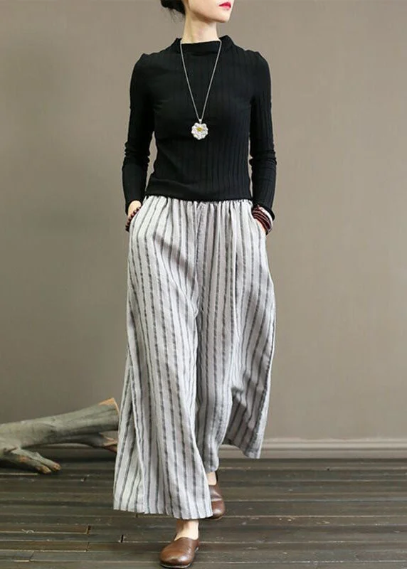 French Grey Pockets Striped Linen Straight Pants Summer LY0586