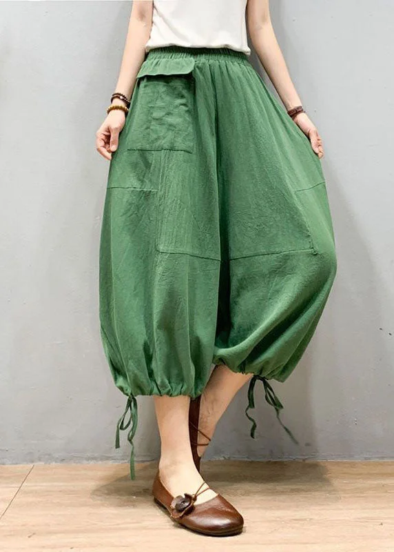 Green Patchwork Linen Lantern Pants Wrinkled Elastic Waist Summer LY0612