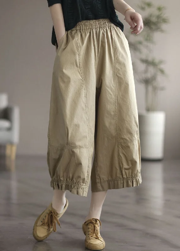 Natural Apricot Pockets Wrinkled Patchwork Cotton Crop Pants Summer LY0580