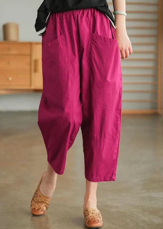 Rose Pockets Patchwork Cotton Pants Elastic Waist Summer LY0623