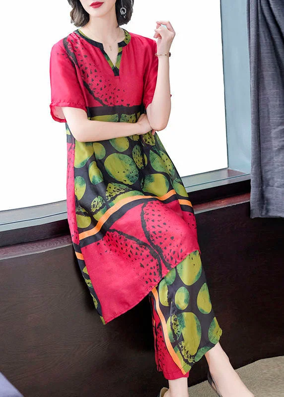 Women Red Print Tops And Pants Silk Two Pieces Set Summer TF1021