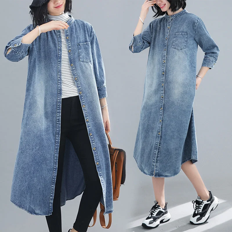 Short Sleeve Small Stand Collar Loose Casual Denim Dress Loose Denim Skirt