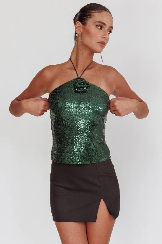 Darcy Sequin Halter Top Hunter Green Sequin Dress Look