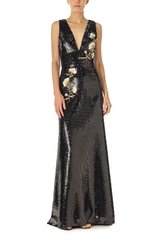 Embroidered Sequin V-Neck Gown Sequin Mini Dress