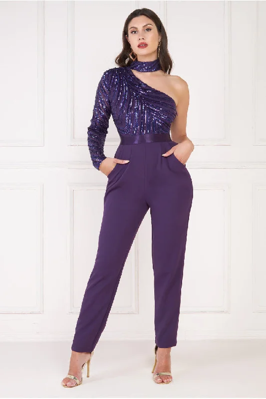 Goddiva One Shoulder Sequin Jumpsuit - Purple Party Wear Sequin