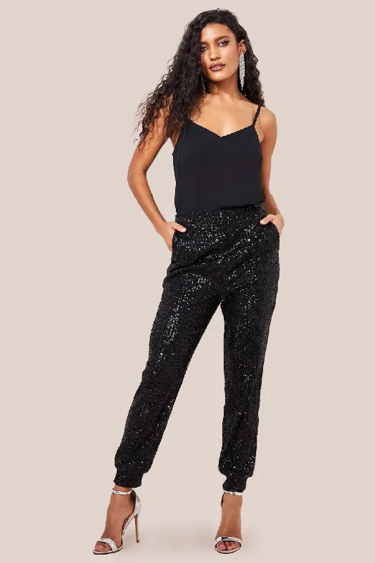 Goddiva Sequin Cuffed Ankle Trouser - Black Sequin Dress Party