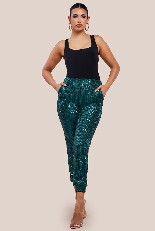 Goddiva Sequin Cuffed Ankle Trouser - Emerald Sequin Fit Dress