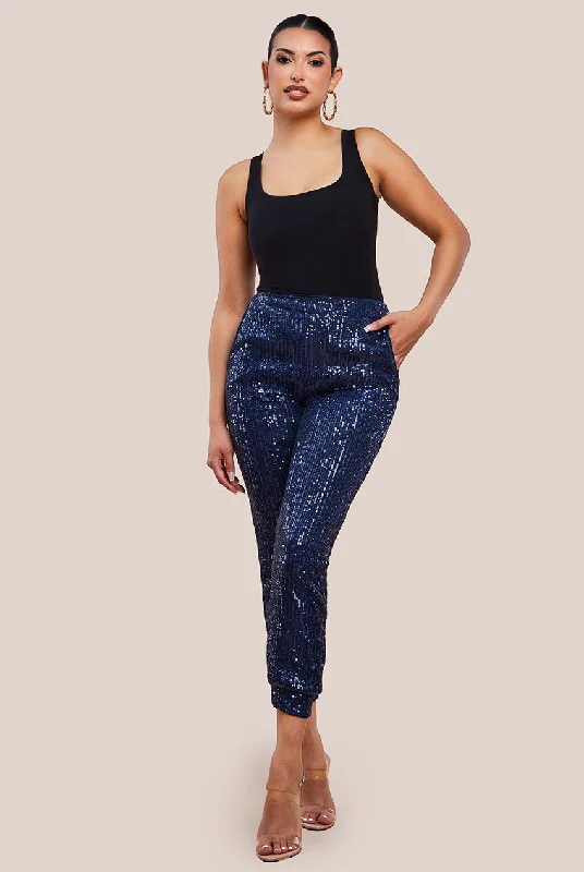 Goddiva Sequin Cuffed Ankle Trouser - Navy Sequin Dress Appeal