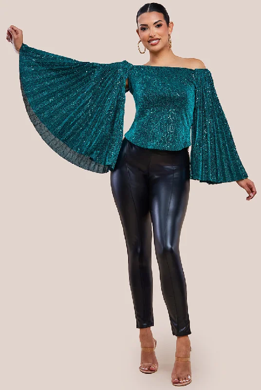 Goddiva Sequin Lurex Bardot Pleated Sleeve Top - Teal Blue Sequin Shift Dress