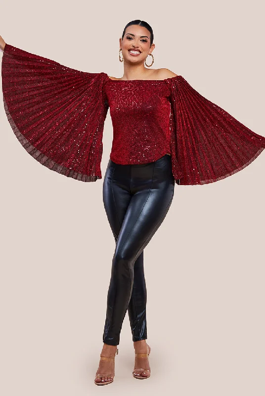 Goddiva Sequin Lurex Bardot Pleated Sleeve Top - Wine Long Sleeve Sequin