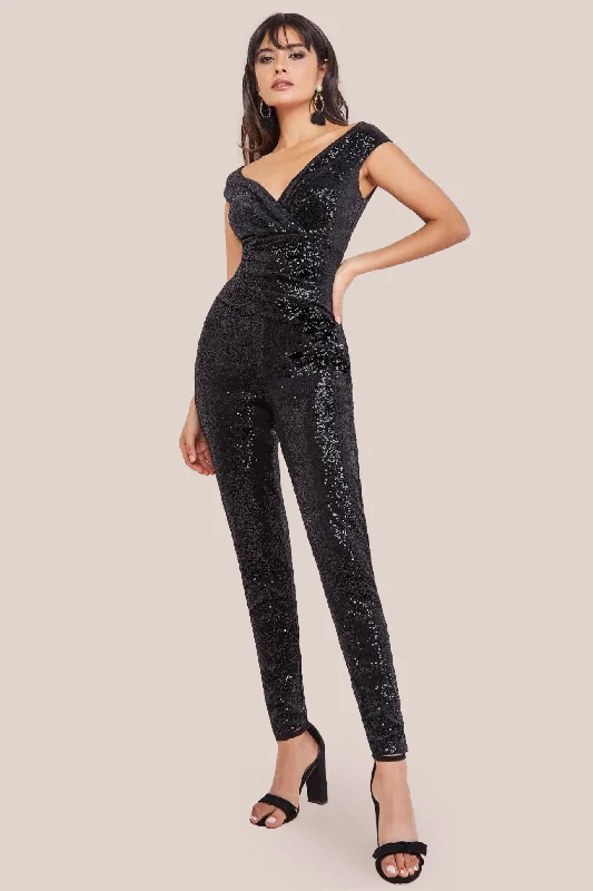 Goddiva Sequin Velvet Bardot Jumpsuit - Black Sequin Backless Dress