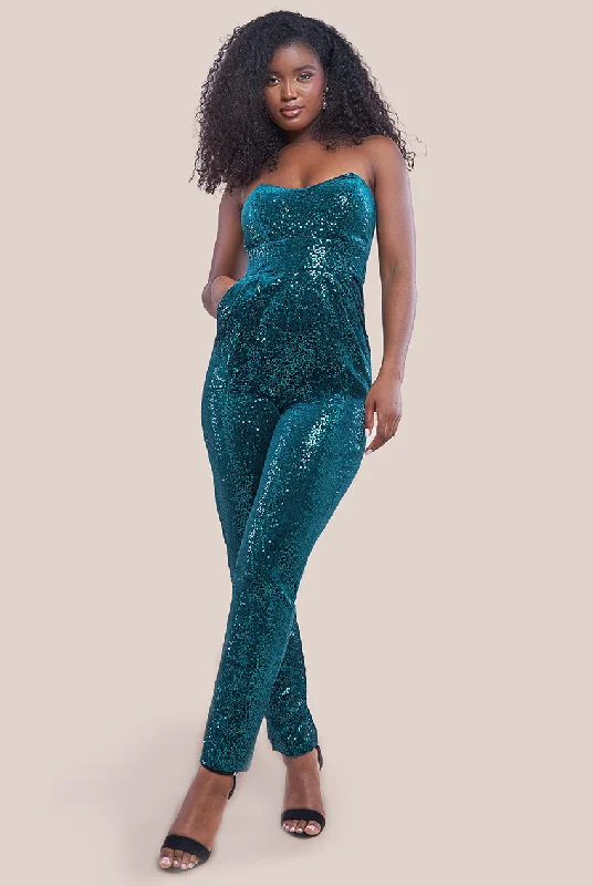 Goddiva Sequin & Velvet Corset Jumpsuit - Emerald Green Sequin Dress Night