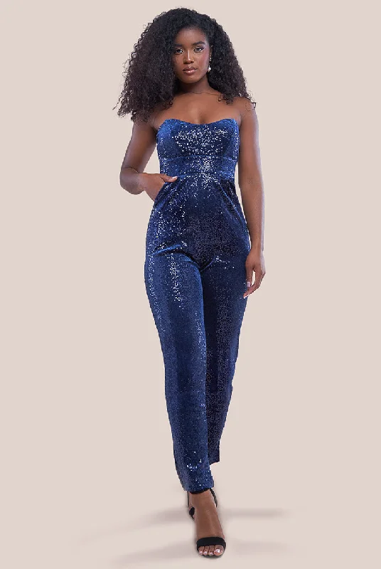 Goddiva Sequin & Velvet Corset Jumpsuit - Navy Beautiful Sequin Dress