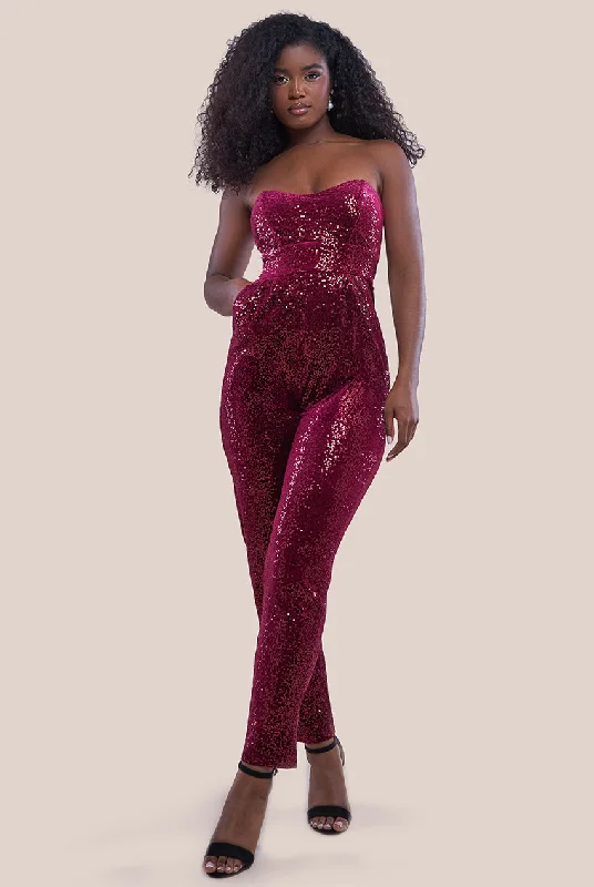 Goddiva Sequin & Velvet Corset Jumpsuit - Wine Strapless Sequin Dress