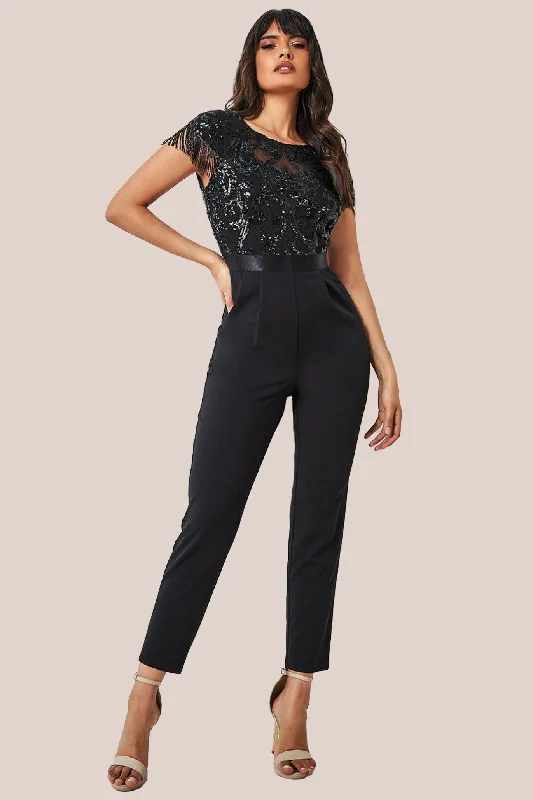 Goddiva Tassel Sequin Jumpsuit - Black Sequin Dress Sexy