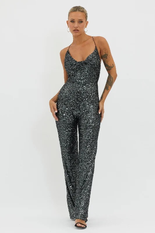 Midnight Kiss Sequin Jumpsuit Gunmetal Ruffled Sequin Dress