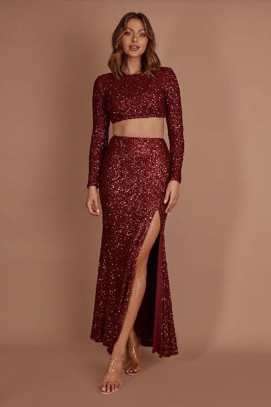 Nights In Monaco Sequin Crop Top Burgundy Modern Sequin Dress