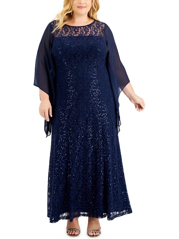 Plus Womens Lace Sequined Evening Dress All-Over Sequin Dress