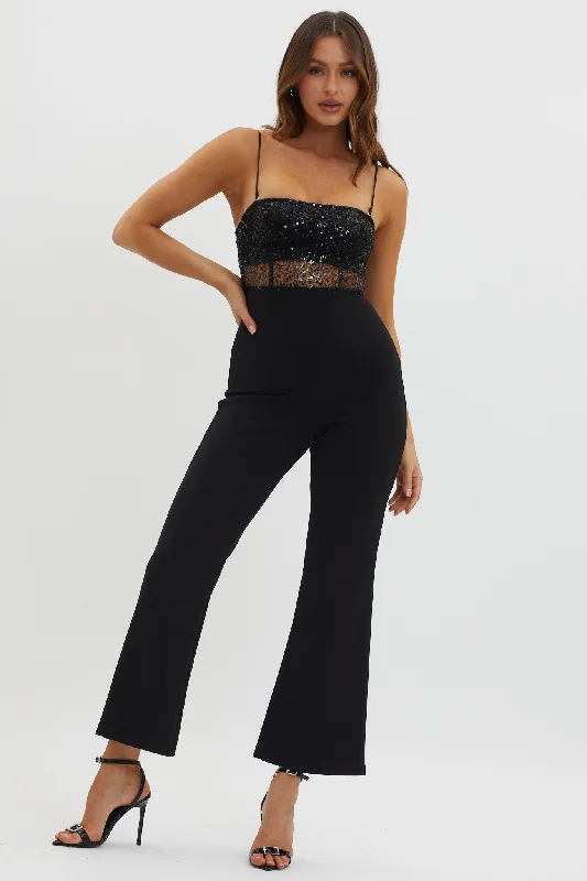 Sabina Sequin Bodice Jumpsuit Black Sequin Dress Trendy