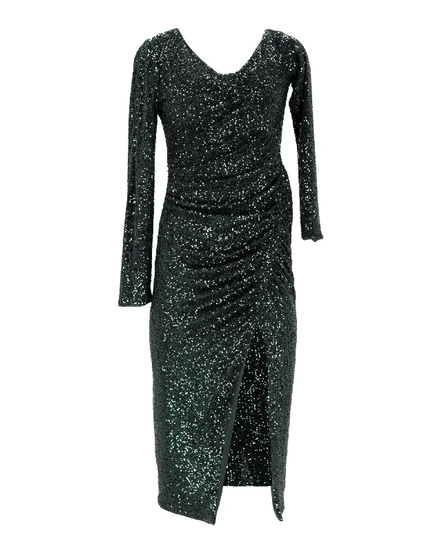 Self-Portrait Gathered Slit Dress in Green Sequins Sexy Sequined Dress