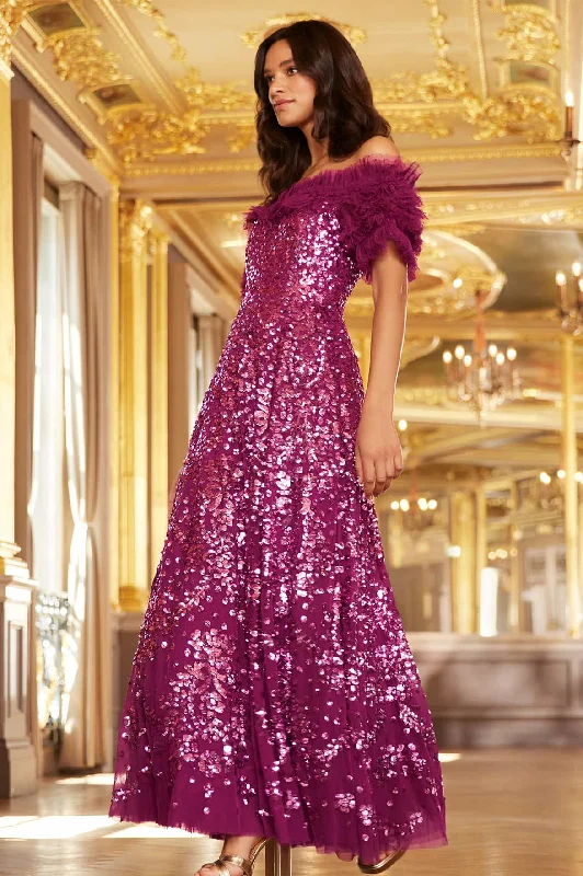 Sequin Wreath Off-Shoulder Gown Classy Sequin Dress